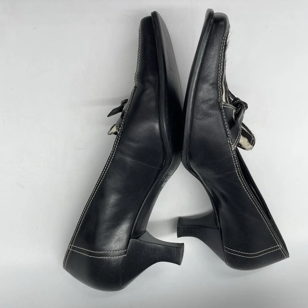 Franco Sarto Womens 6.5 Shoes Zebra Kitten Heel Square Toe Bow Tie Black Leather